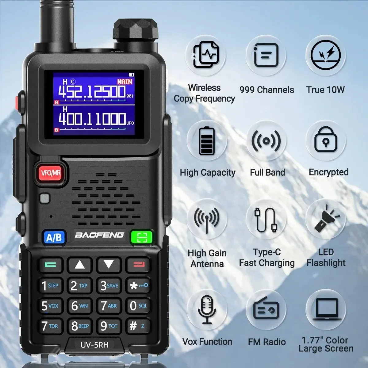 Baofeng-walkie-talkie de banda completa UV 5RH, frecuencia de copia inalámbrica, cargador tipo C, transceptor mejorado UV 5R, Radio bidireccional