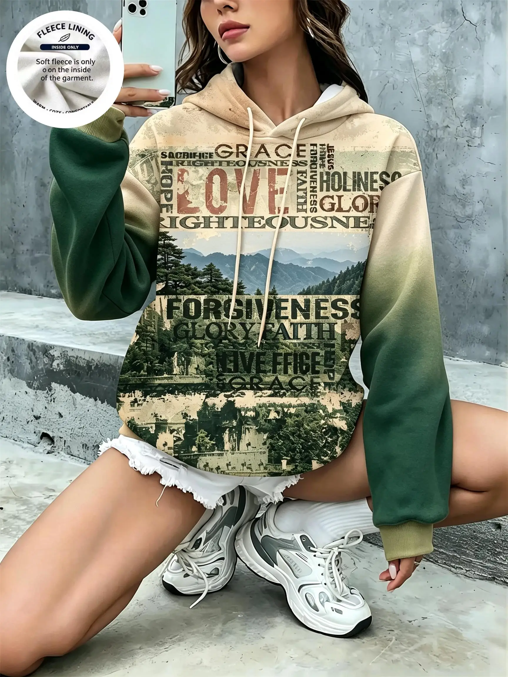 Women Fleece Lined Hoodie Vintage Newspaper Landscape Text Print Long Sleeve Gradient Color Casual Hooded Sweatshirt