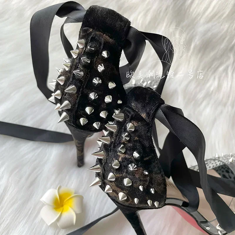 Leopard print thin heel with ankle strap and ribbon high heels, transparent rhinestone silver rivet willow nail women's shoes