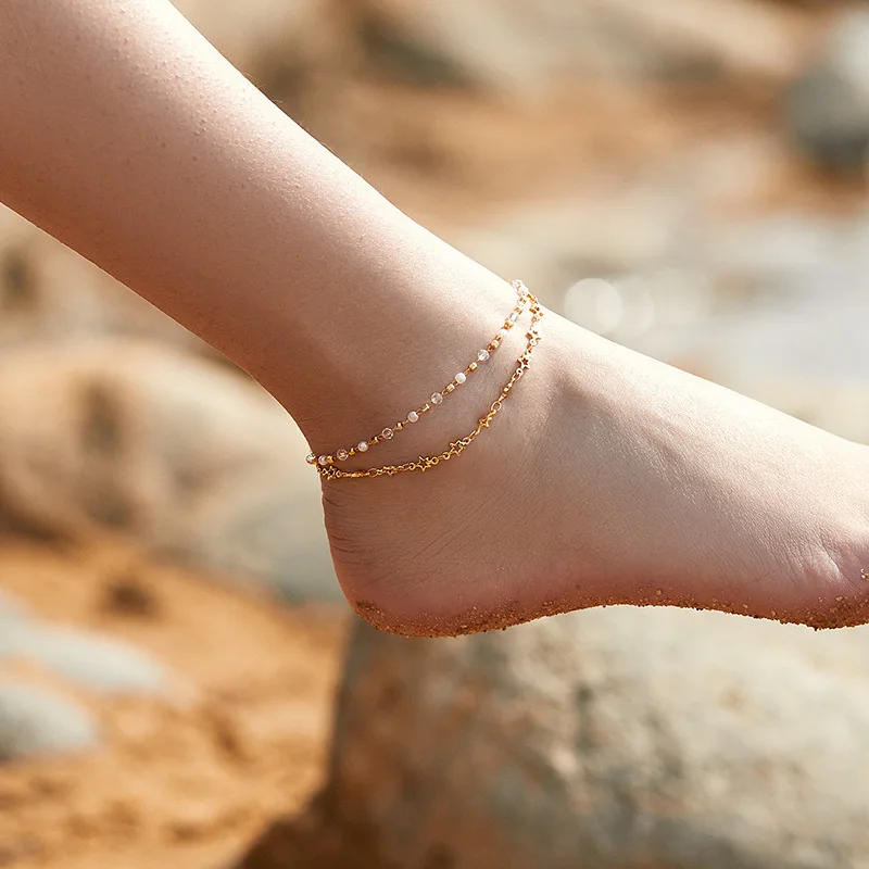18k Gold Plated Five Pointed Star Double Chain Women Anklets Dreamy Transparent Crystal Beads Anklet with White Beads Jewelry