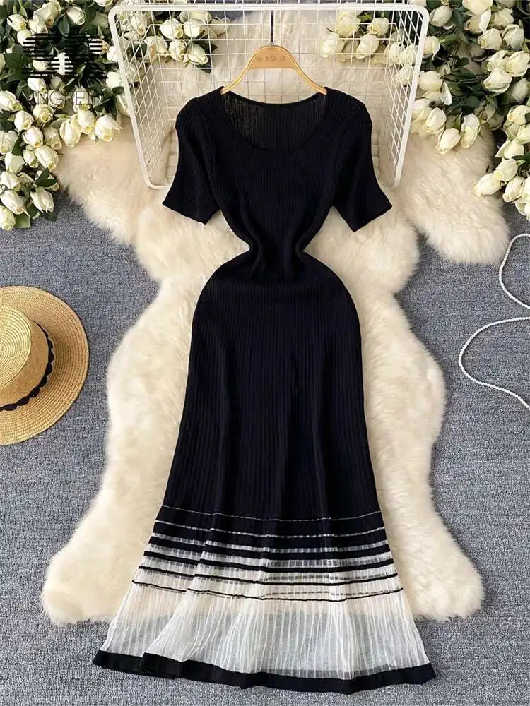 BabYoung الصيف كبار الحياكة المرأة شبكة لصق قصيرة الأكمام السيدات تصميم سليم مطاطا فستان طويل خفيف