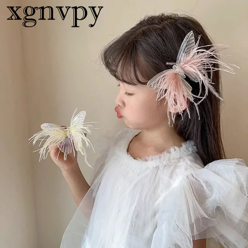 xgnvpy Children Colorful Feather Butterfly Hair Clip Fairy Beauty Princess Girl Hairpin Headdress Hair Accessories Baby Hair