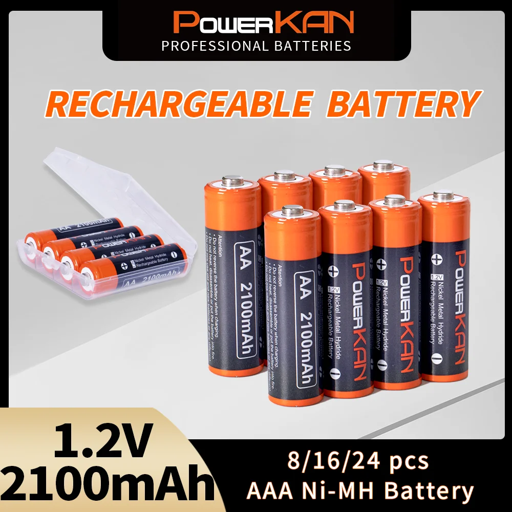 POWERKAN 1.2V AA 2100mAh Rechargeable Ni-MH Battery for Outdoor Family Household Multiple Usage Convenience Storage Box Included