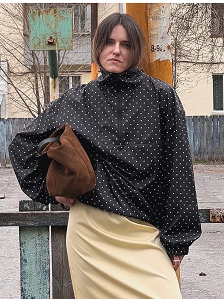 

New Women Polka Dot Printing Jacketfashion Slim Fit High Neck Full Sleeve Casual Short Coat