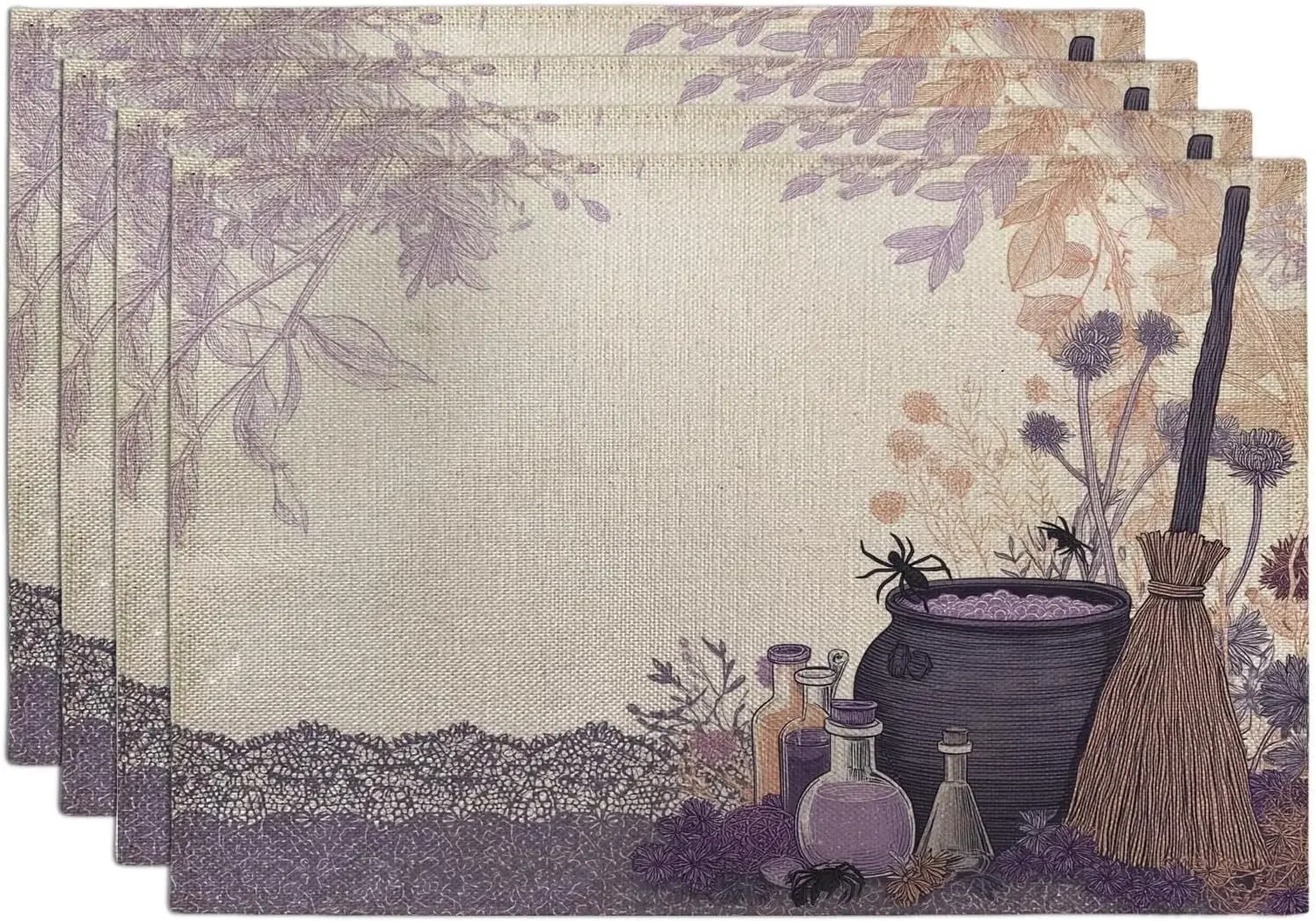 Autumn Witchcraft Elements Placemats, Violet Rustic Table Decor for Halloween, Non-Slip Washable Indoor Outdoor Dining Set of 4