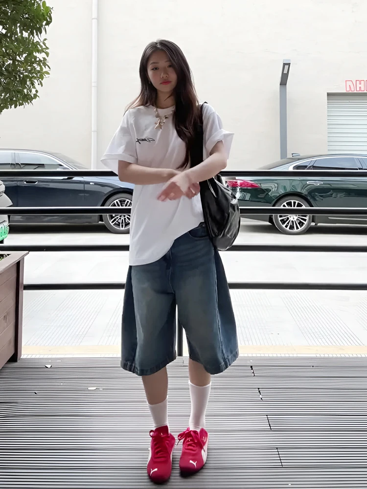 حجم كبير السراويل الدنيم خمر خمس نقاط المرأة خريف 2025 جديد الأمريكية عادية فضفاض واسعة الساق متوسطة طول الجينز