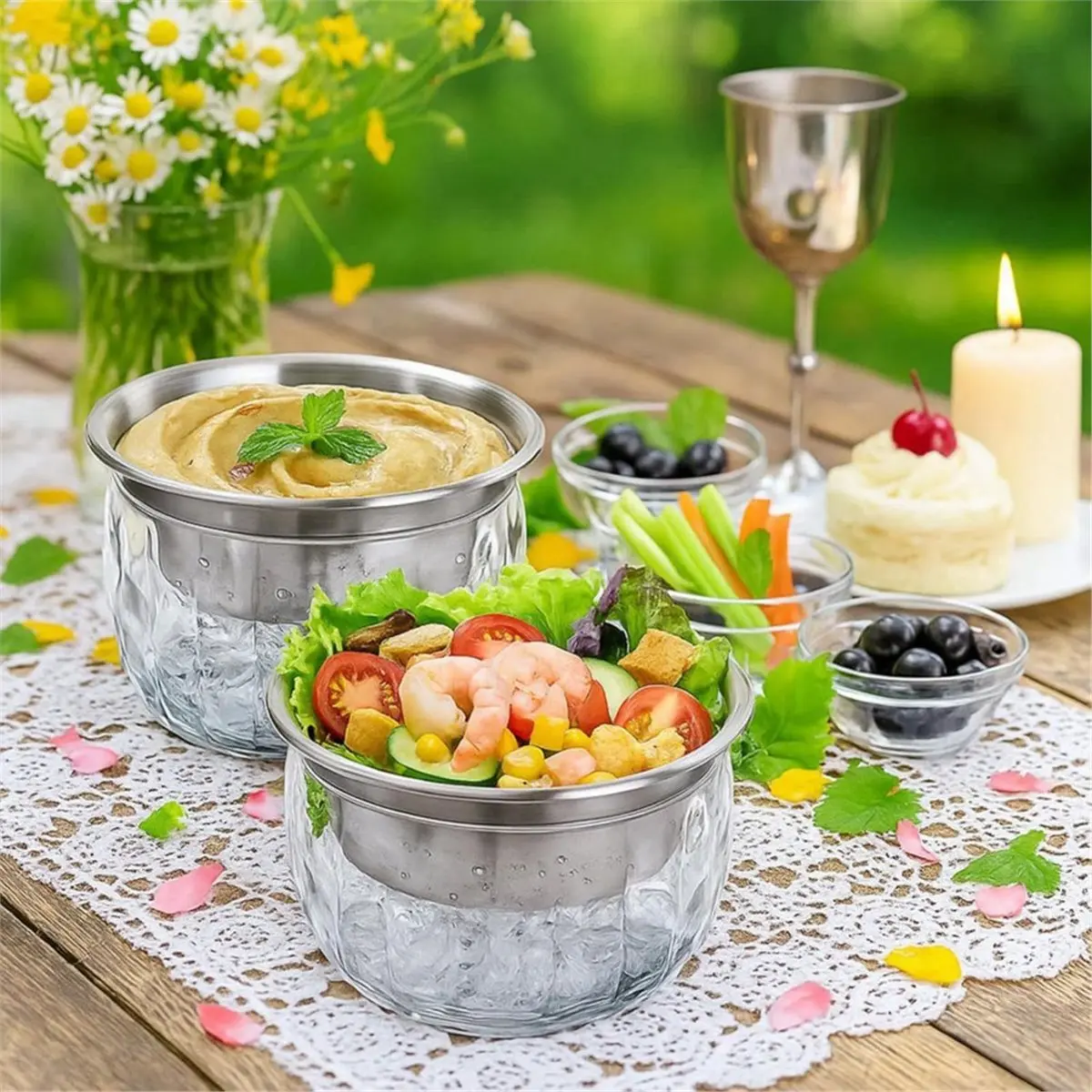 2 Pcs Chilled Dip Bowl, Ice Serving Bowl with Lid for Parties, Cold Serving Dish for Hummus, Salsa, Guacamole, Sauces