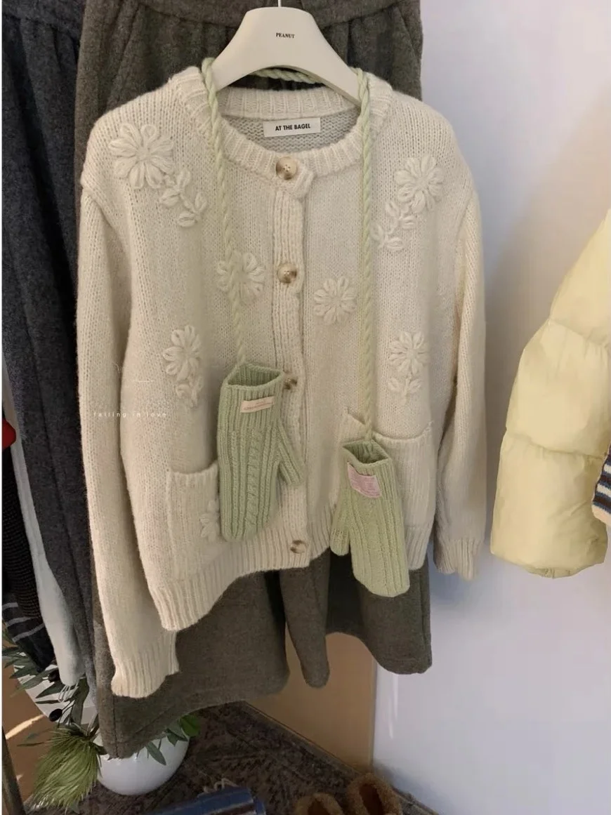 Handbestickter Blumenpullover Jaet Thi Yarn Knitted n Sle Damen Loose Fit Long Sve Warmer Mantel für Herbst W...