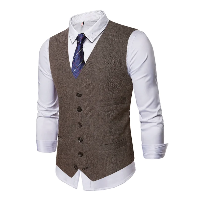 Men Vest Waistcoat Blended Single-breasted Cotton Slim Men Suit Business Dress Vest Slim Fit Formal Sleeveless Jacket Casual