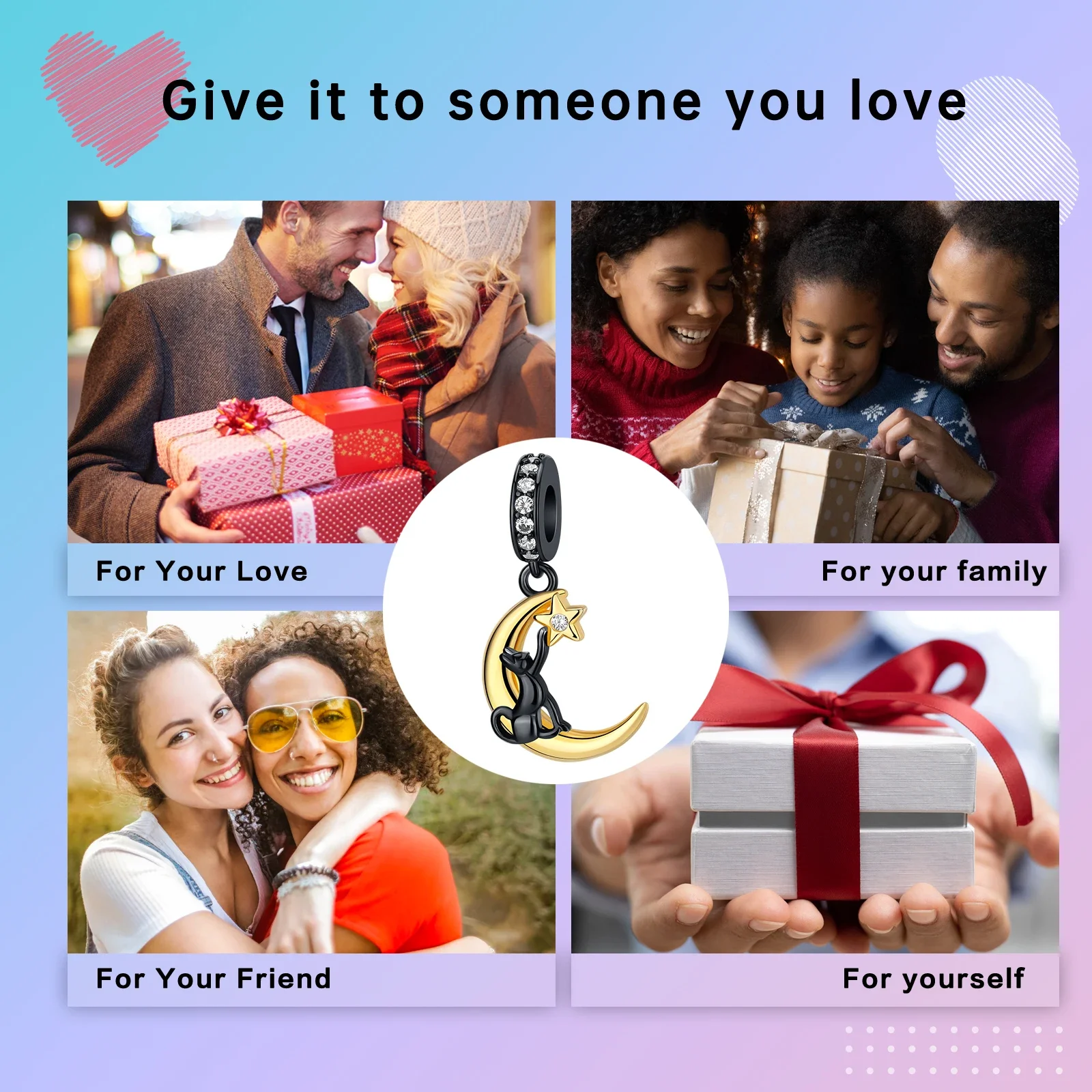 قلادة من الفضة الإسترليني للنساء ، القمر ، النجم ، القط ، سلسلة الحيوانات ، تناسب أساور الباندورا الأصلية ، هدية مجوهرات سهلة الاستخدام