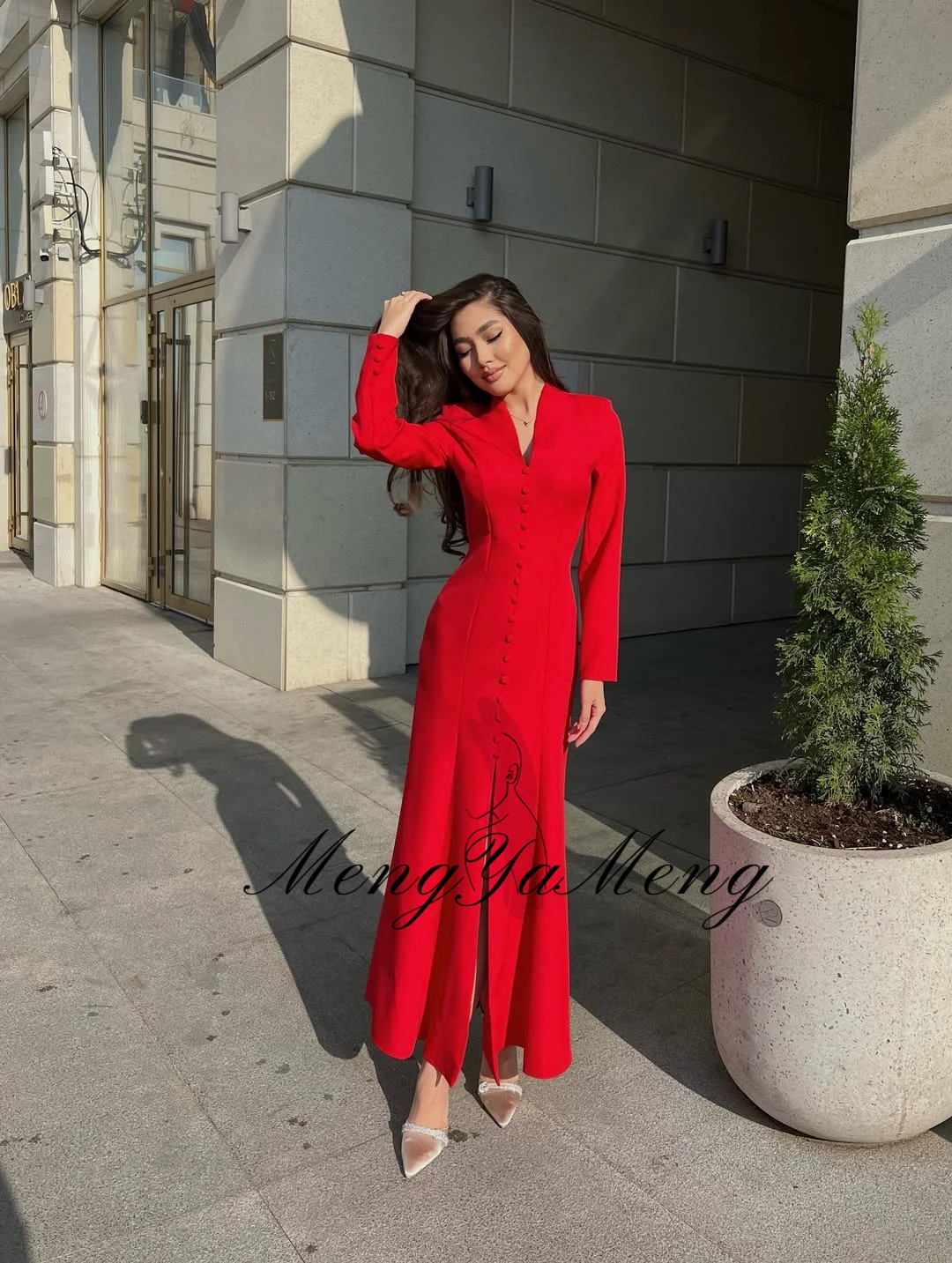 ZHUISHU Red Long Prom Dresses Semi-Mermaid Ankle-Length V-Neck Long Sleeves Casual Evening Dresses Customized Party Gown Women