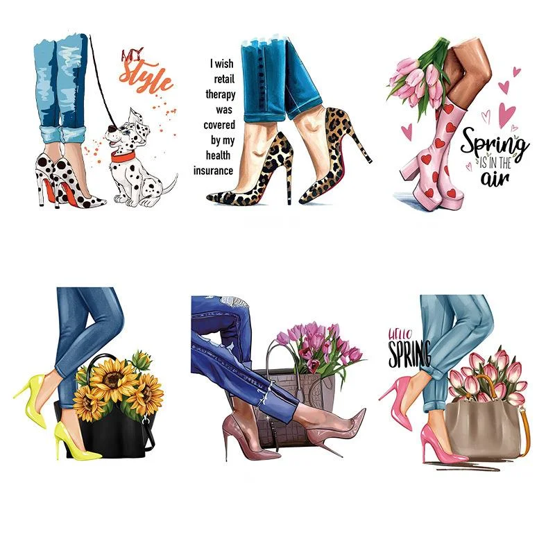 6 types of girl high heels flower DTF Thermo Sticker Decals Heat Transfer On Clothes Clothing Crafts Ironing Diy Accessory