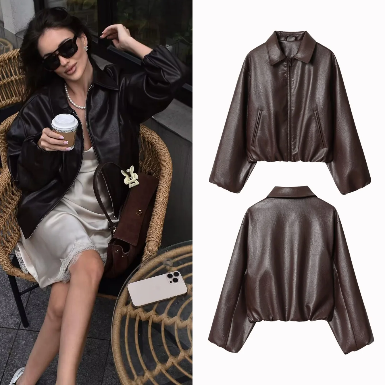 

2025 Autumn Woman's Fuax Leather Jacket Coats Fashion Loose Elegant Warm Jackets Women's Chic Street Long-Sleeved Leather Coat