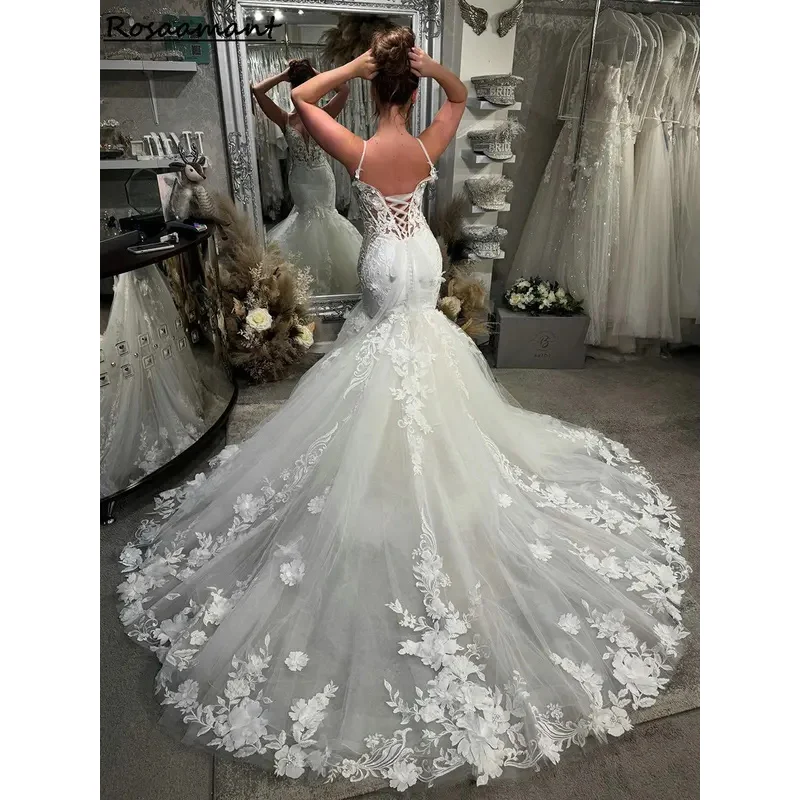 رائع السباغيتي الأشرطة مشد حورية البحر فساتين الزفاف الوهم الأزهار يزين الدانتيل البلد أثواب الزفاف