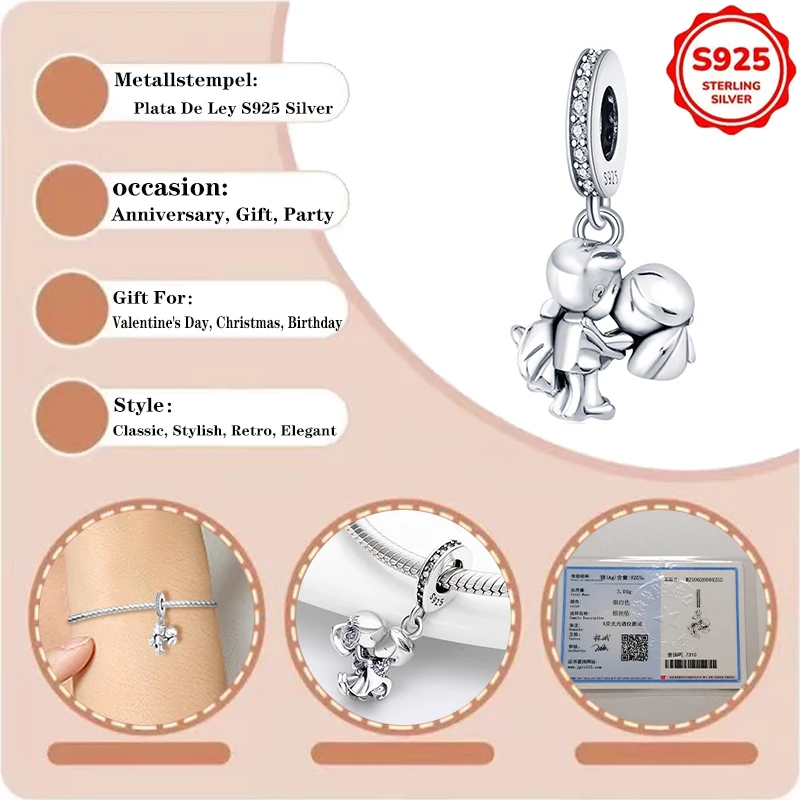 

Charms Plata De Ley 925 Silver Cute Boy and Girl Hug Pendant Beads Original Women's Bracelets Bangles DIY Jewelry Fine Gifts