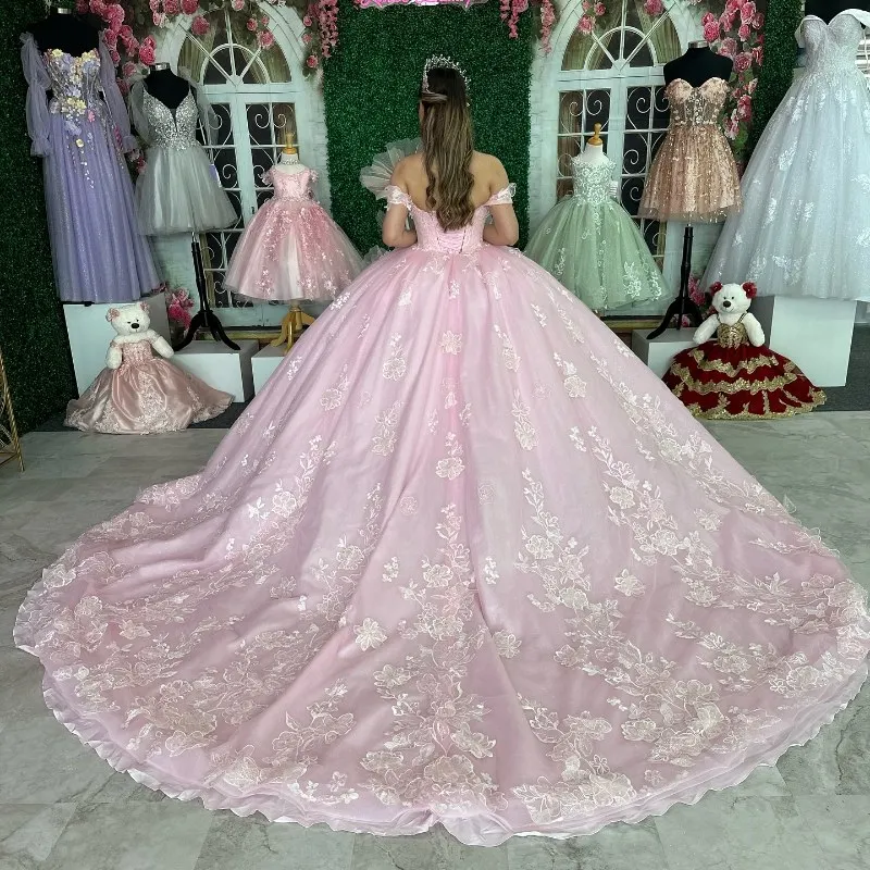 

Pink Shiny Quinceanera Dress Ball Gown Off The Shoulder Lace Appliques Tull Birthday Party Sweet 16 Vestidos De 15 Años