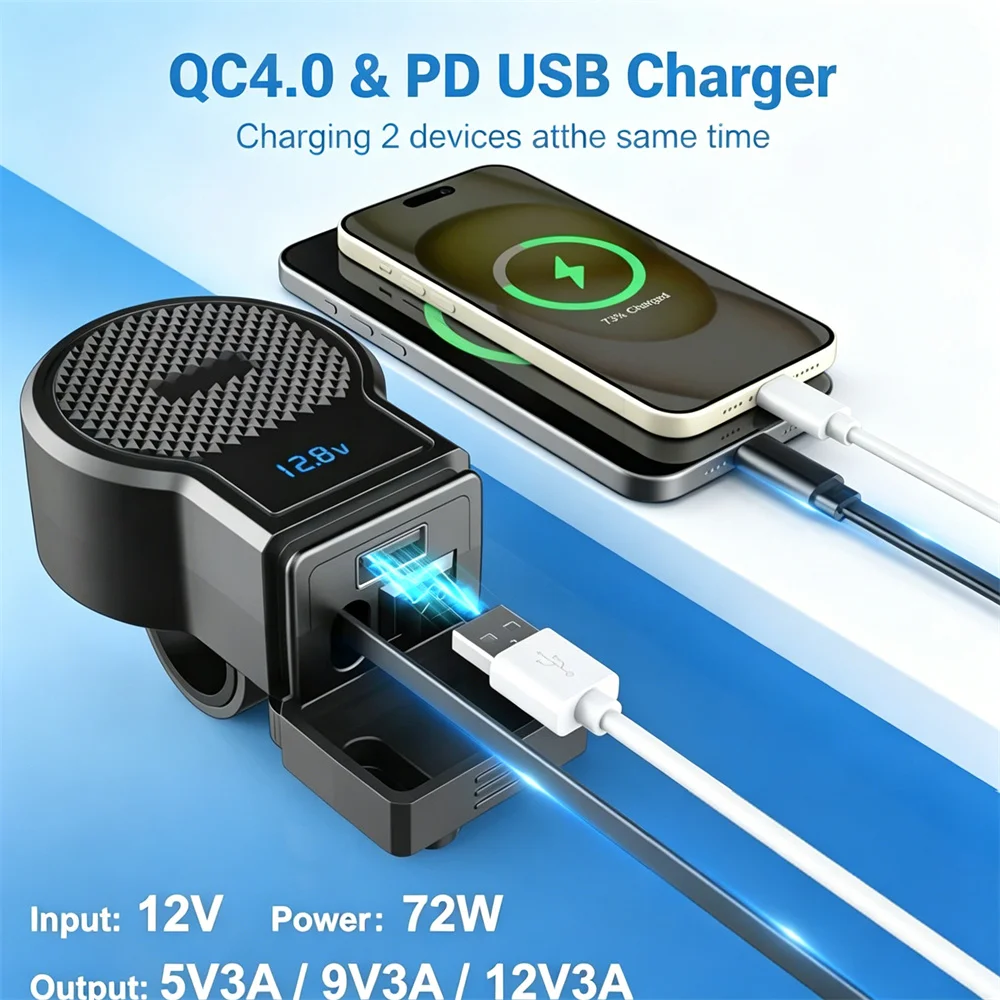 Dual Port Type C+QC3.0 Motorcycle Fast Charger Power Adapter Socket 12V Waterproof with Retractable Cable & Switch & Voltmeter view 2