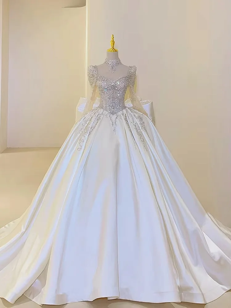 New Sweet Square Collar Satin Wedding Dress Plus Size Custom Lace Up Luxury Bridal Ball Gown Vestido De Noiva Floor Or Train