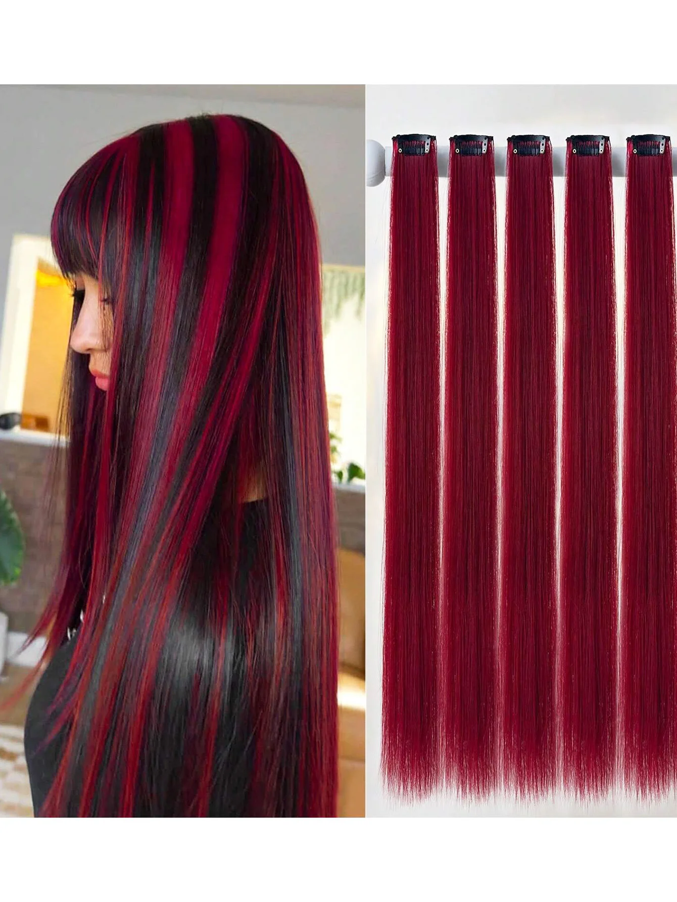 

5Pcs Burgundy Clip in Hair Extensions for Women, Synthetic Colored Hairpieces, Easy to Wear No Dye Required, Perfect for Daily &