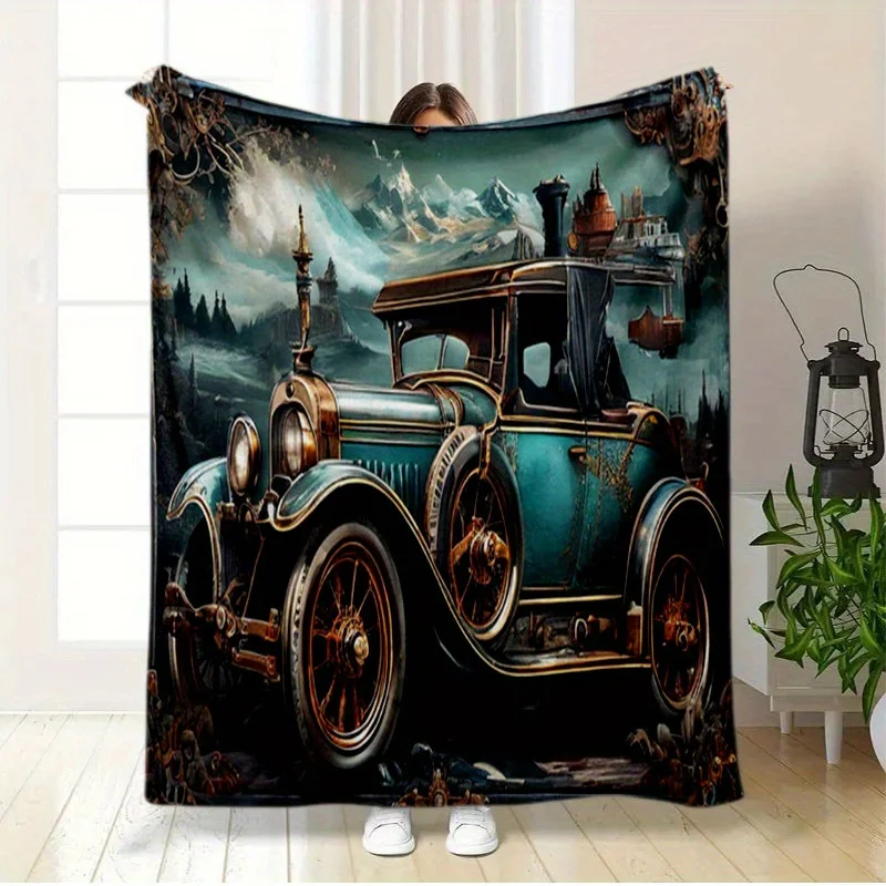 Steam-Punk Automobile Design Flannel printed blanket suitable for all seasons suitable for living room office sofa and travel