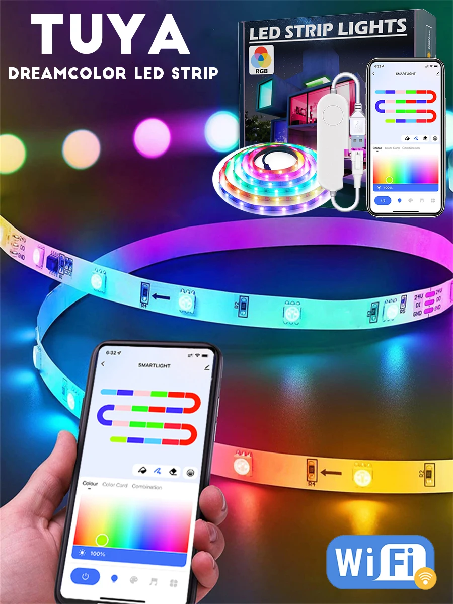 Taśma LED USB TUYA, inteligentna, wi-fi, RGBIC, dream color, 5V, WS2812B, adresowalna, lampa, obsługa Alexa, Google, dla domu — zdjęcie 2