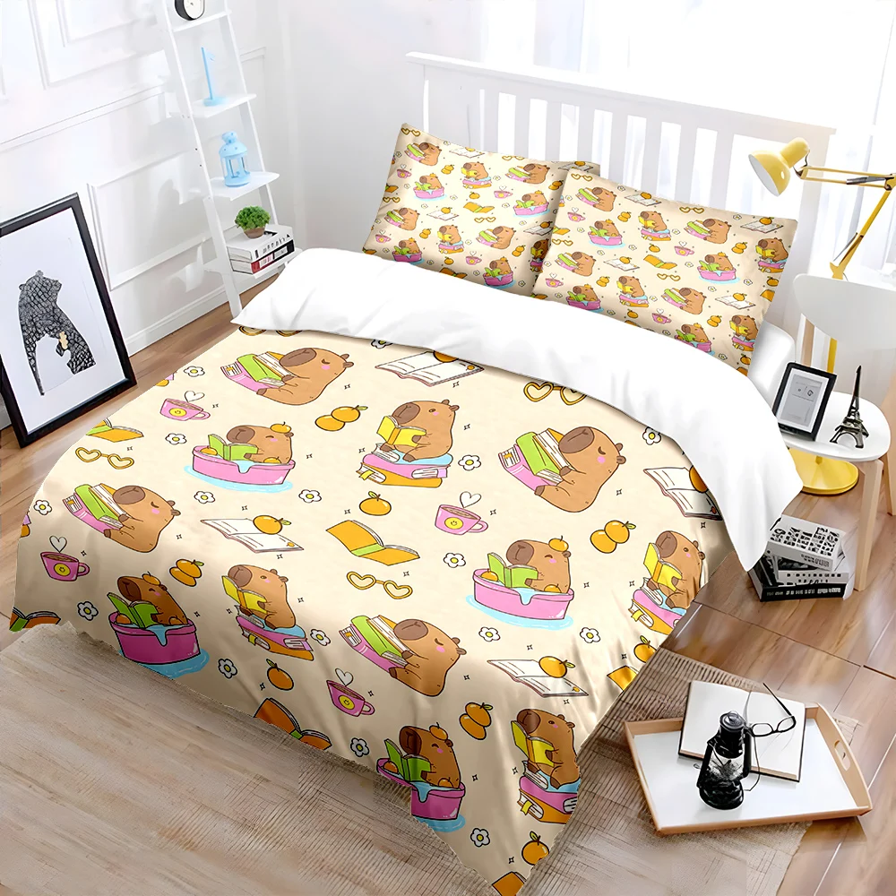 Cartoon Capybara Reading Fun Bedding Set for Kids Luxury Gift 3pcs Digital Print Comforter Set Soft Comfortable Breathable