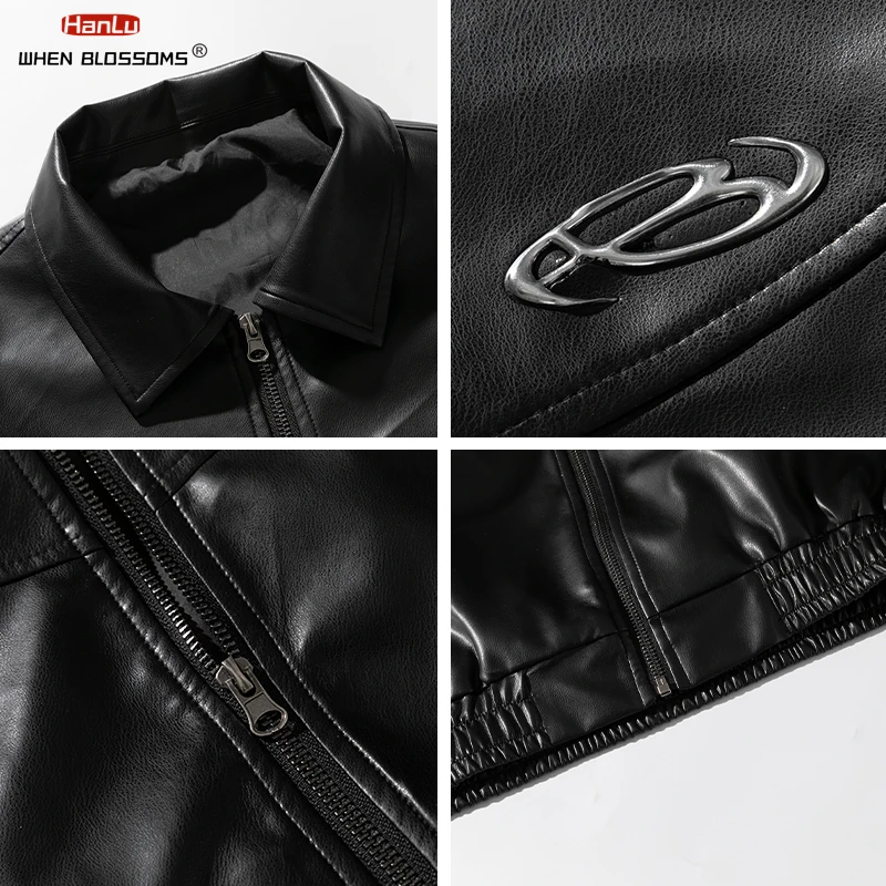 Metal Printed Black PU Leather Jacket for Men and Women, Trendy Brand, American High Street, Spring Couple Trend, New, 2024