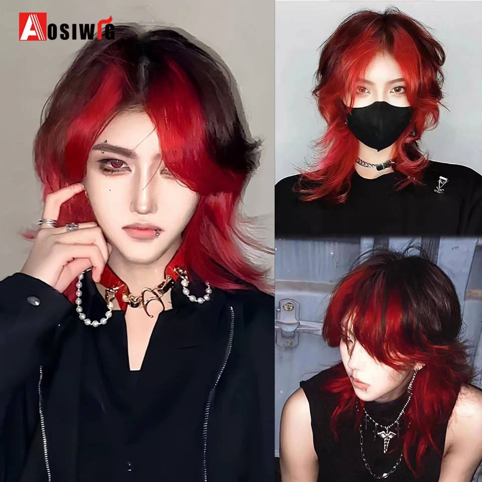 AOSI Synthetic Short Straight Mullet Head Wigs With Bangs Anime MenBlack highlighted red  Hair Wig for Daily Party Cosplay