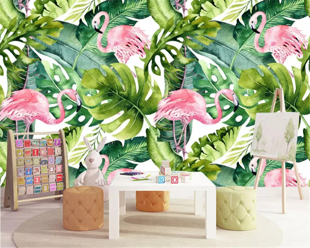 custom 3d Modern fashion wallpaper Nordic small fresh flamingo green leaf living room backdrop wall bird 8d bedroom dining room