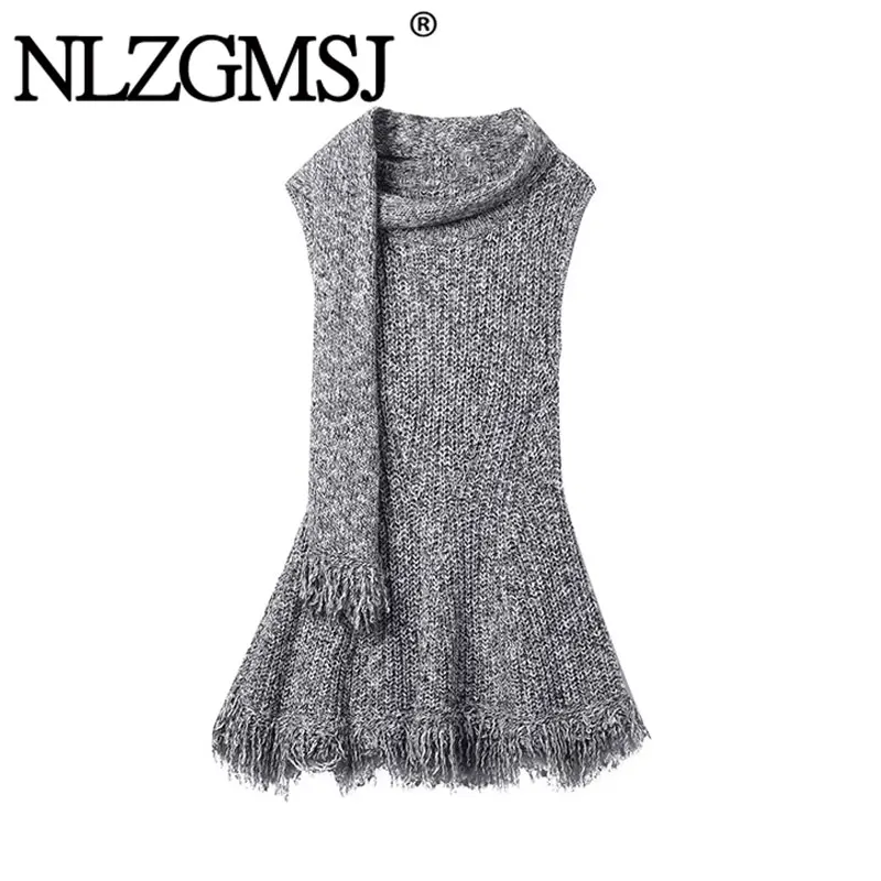 NLZGMSJ Casual Frauen gestrickte Pullover Schal Kragen Ärmellose Kurze Schlanke Vestidos Neue Mode 2025, Herbst Urlaub Top