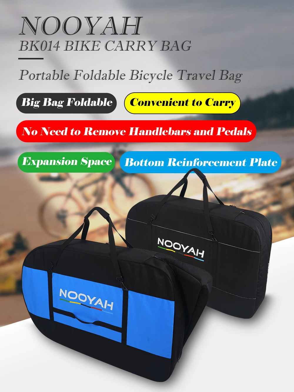 NOOYAH Sac de Transport pour Vélo Pliable sans Démontage du Guidon – Étui pour VTT/Route, Tissu 3 Couches, 2-en-1 Multi-Usage