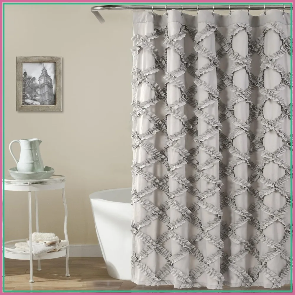 

Fabric Shower Curtain 72x72 Inches Gray Ruffle Diamond Pattern for Bathroom Farmhouse Decor