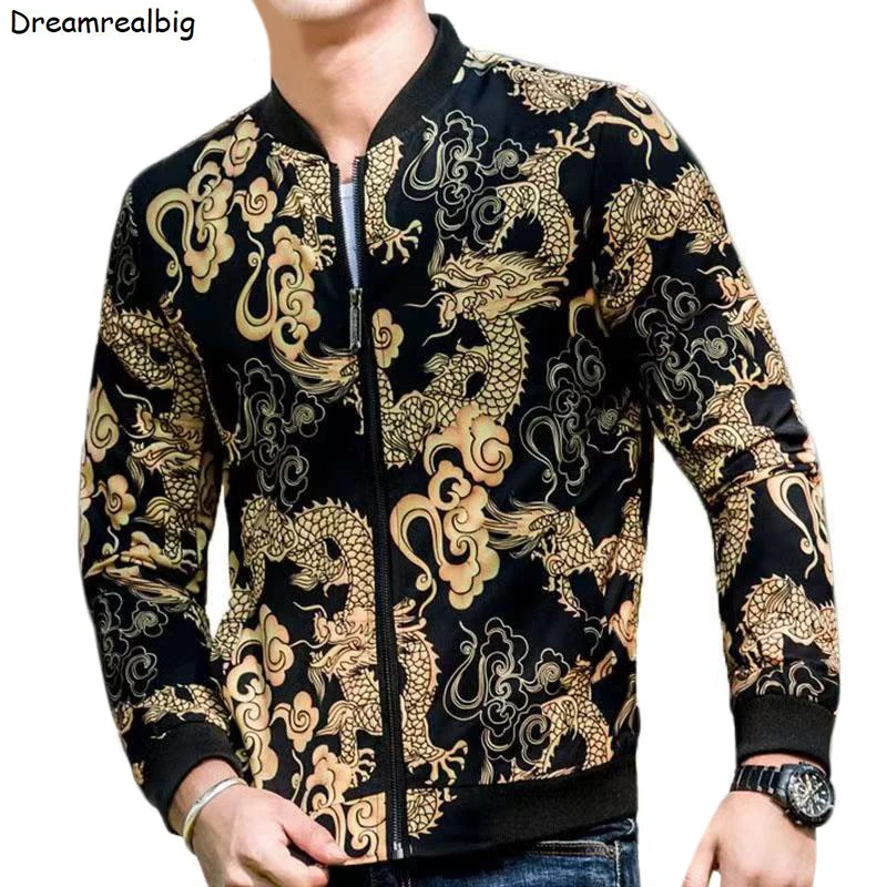

Dragon & Clouds Printed Men Stand Collar Bomber Jacket 2022 Spring Autumn Plus Size Zip Up Baseball Jacket Mens Casual Outerwear