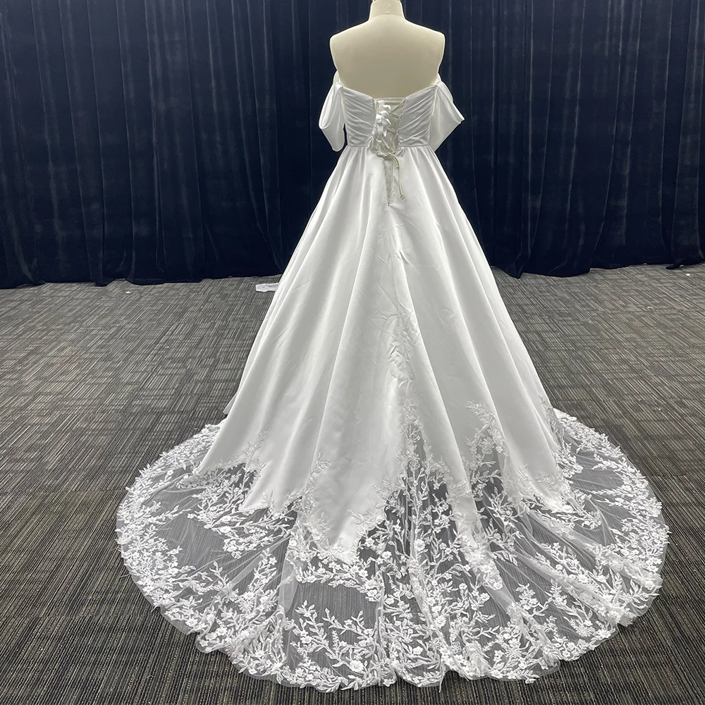 Sexy Scoop A-line Wedding Dress 2024 Lace Boho Short Sleeves Bride Gown Customized Lace up Pleats Back Vestido De Novia LSZT41