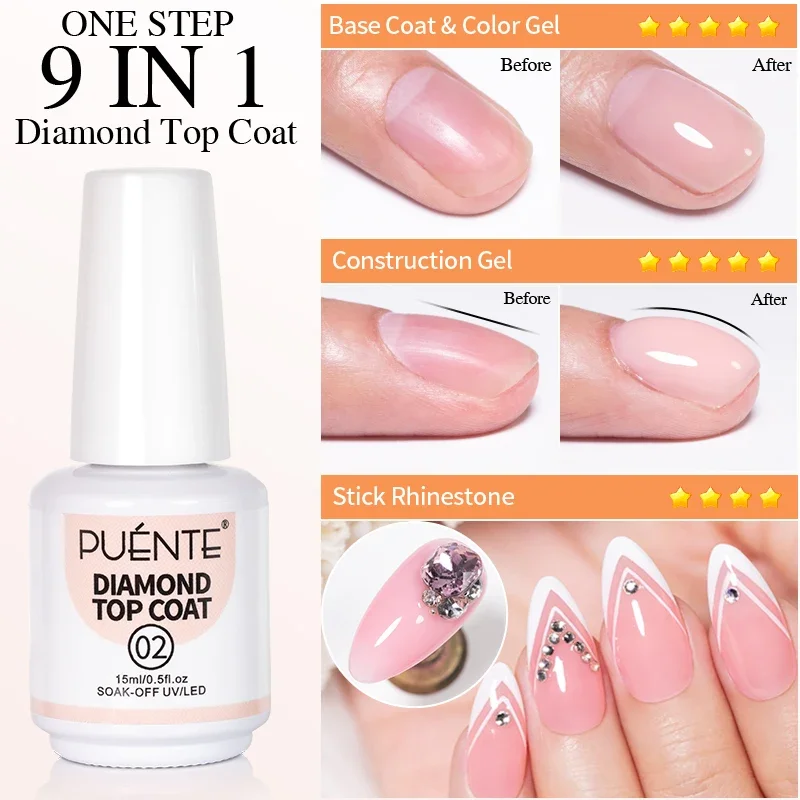 15ML 9-IN-1 Function Diamond Top Coat Gel Nail Polish One Step Base Top Coat Construction Gel Chrome Powder Base UV Nail Varnish