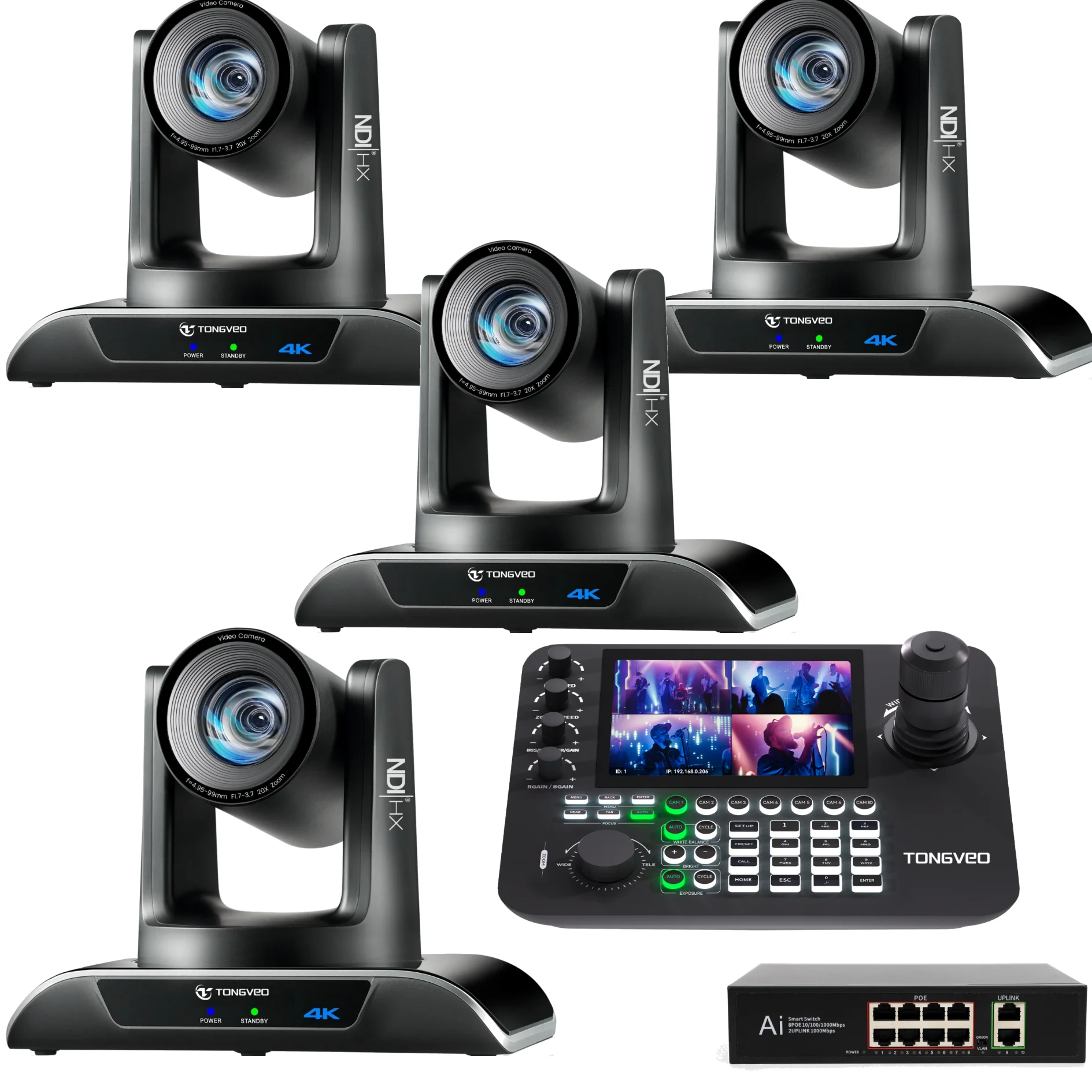 

4pcs NDI 20X Zoom 4K AI Tracking HD-MI USB LAN PTZ Camera + 4-Split Screen Joystick Controller+ POE Switch