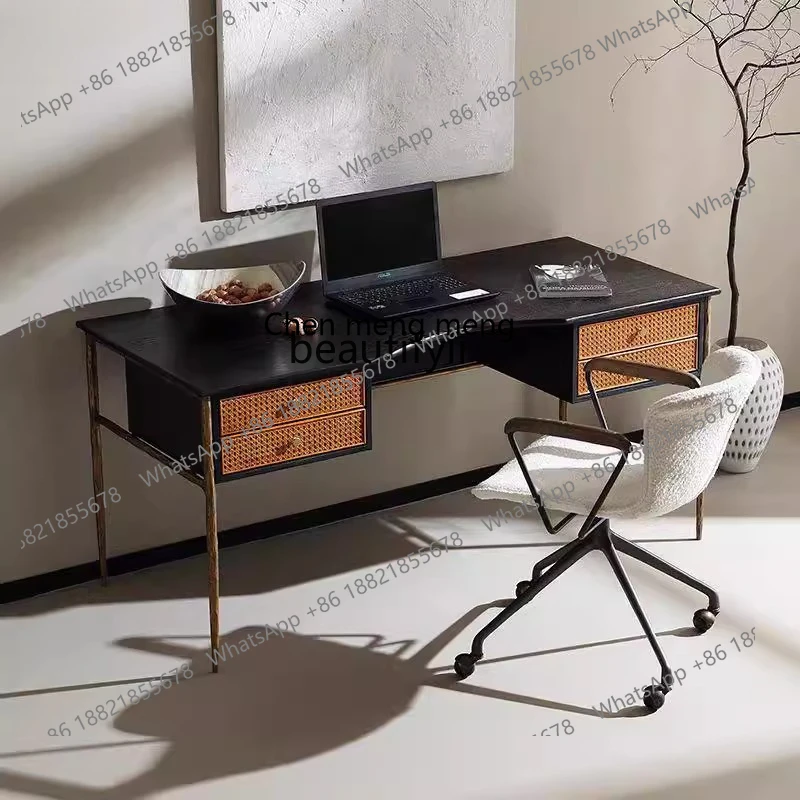

E153 Vintage Style Solid Wood Desk Retro Office Writing Desk Nordic Wabi-Sabi Style Computer Desk
