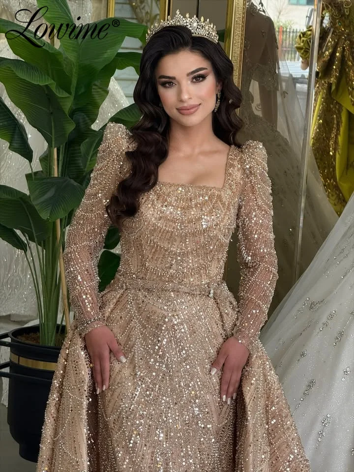 

Customized Champagne Beaded Mermaid Evening Dress with Puffy Sleeves Elegant Gown for Women Wedding Party 2026 Long Sleeves Robe