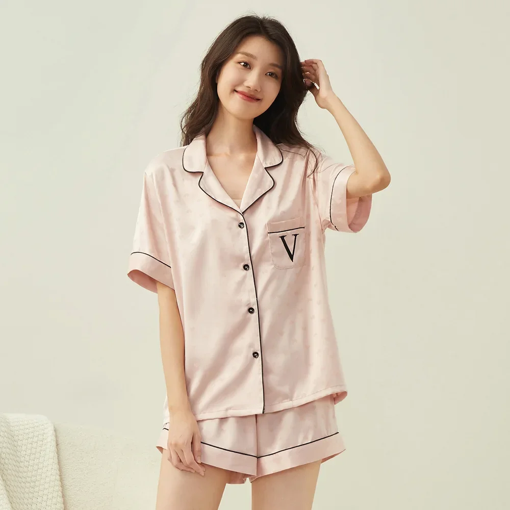 New elastic satin love jacquard embroidery big V loungewear European and American style sweet pajamas women's.