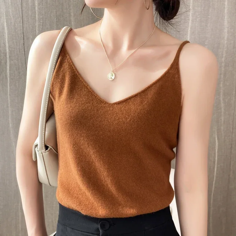 2024 New V-neck Cashmere Sling Wool Camisole Solid Color Base Wool Vest Sexy Knitted Sweater Underwear Women