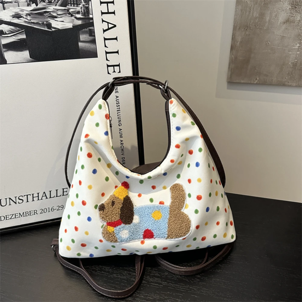 Colorful Polka Dot Backpacks Dog Pattern Adjustable Shoulder Straps Bag Large Capacity Canvas Tote Bag Ladies Commuting Pouch