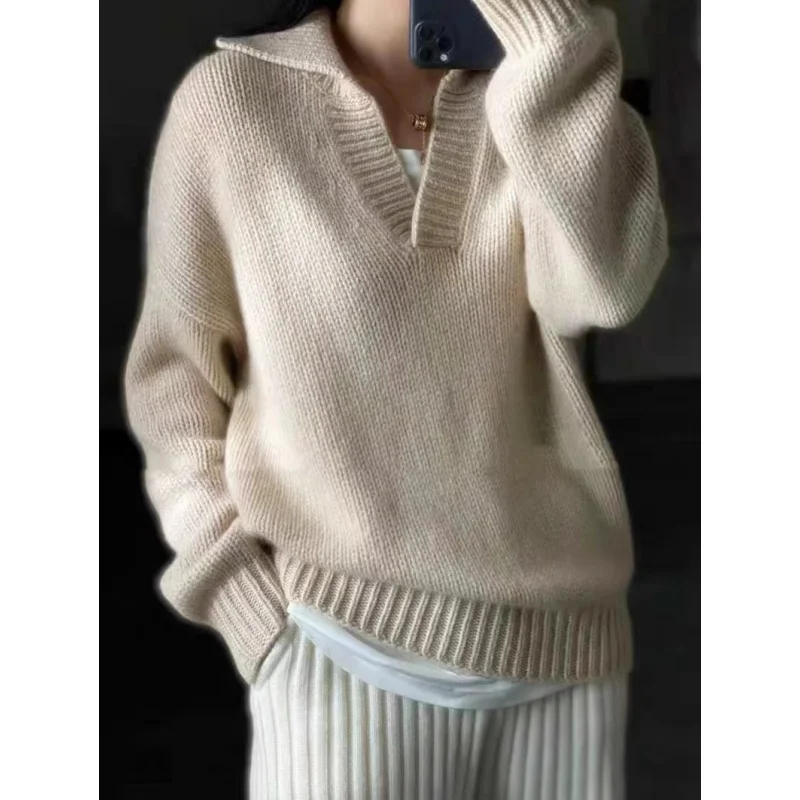 

Fashion Polo Collar 100% Pure Wool Sweater For Women's AutumnWinter Thick Solid Color Casual Loose Fit Pullover Knit Jumper Top