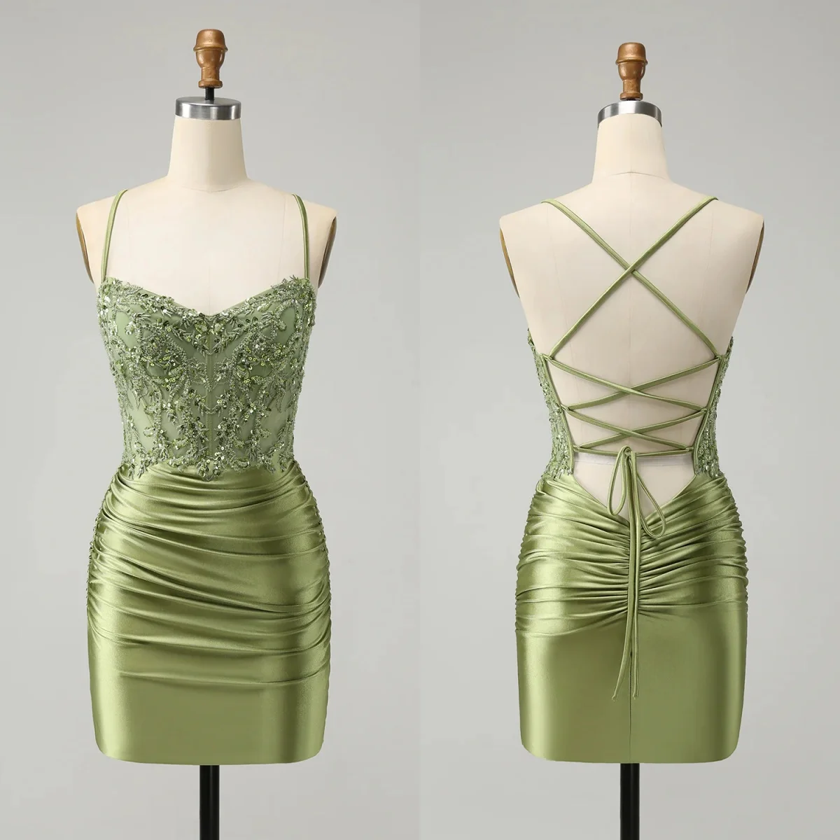 

Green Satin Cocktail Dresses Lace Appliques Sleeveless Prom Gowns Sexy Back Short Customized Formal Party Homecoming Gowns