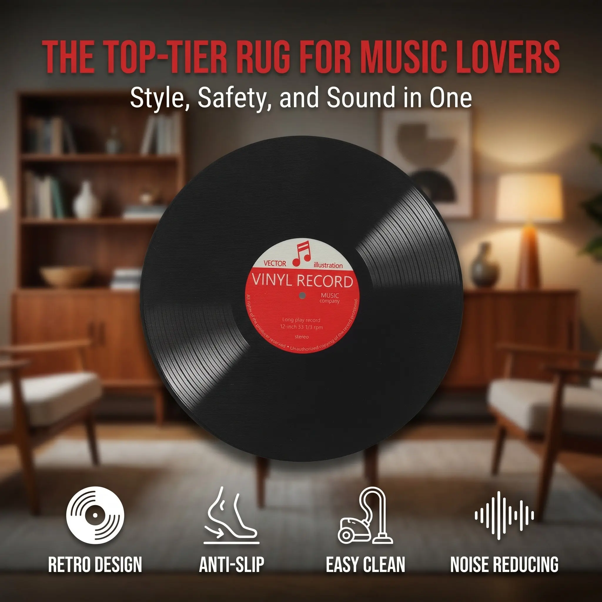 Vinyl Record Rug 24 Inch Round Carpet Non-Slip Washable Retro Music Decor Rug for Bedroom Living Study