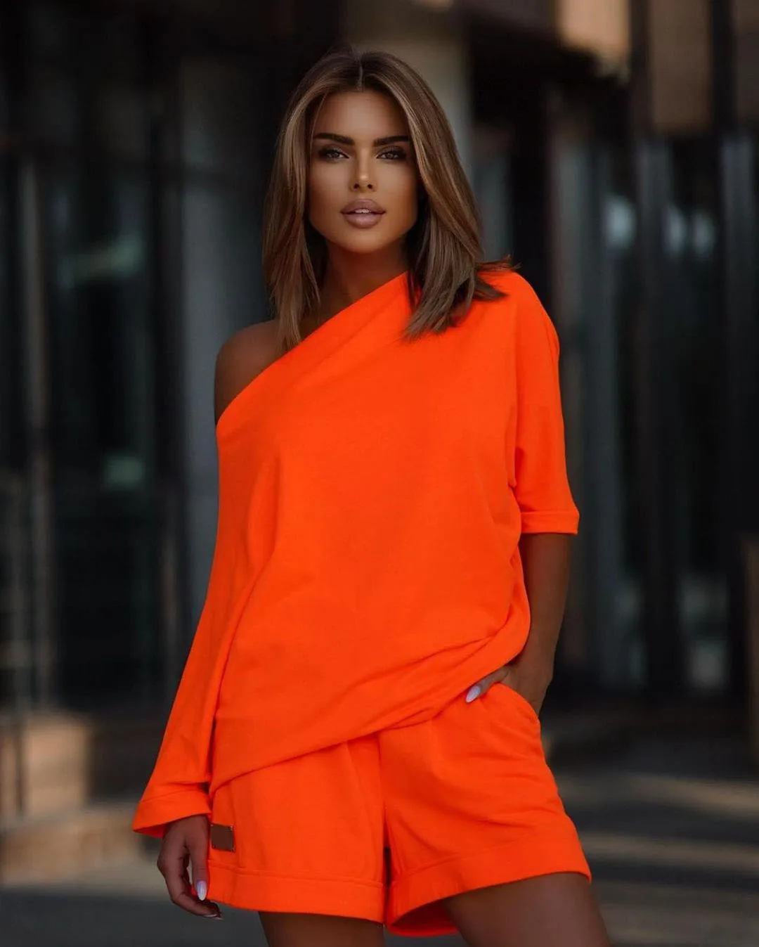 

Casual Solid Suit Off Shoulder Slope Collar Irregular Pullover Top Elastic Waist Shorts 2 Piece Set Summer Women's Clothing