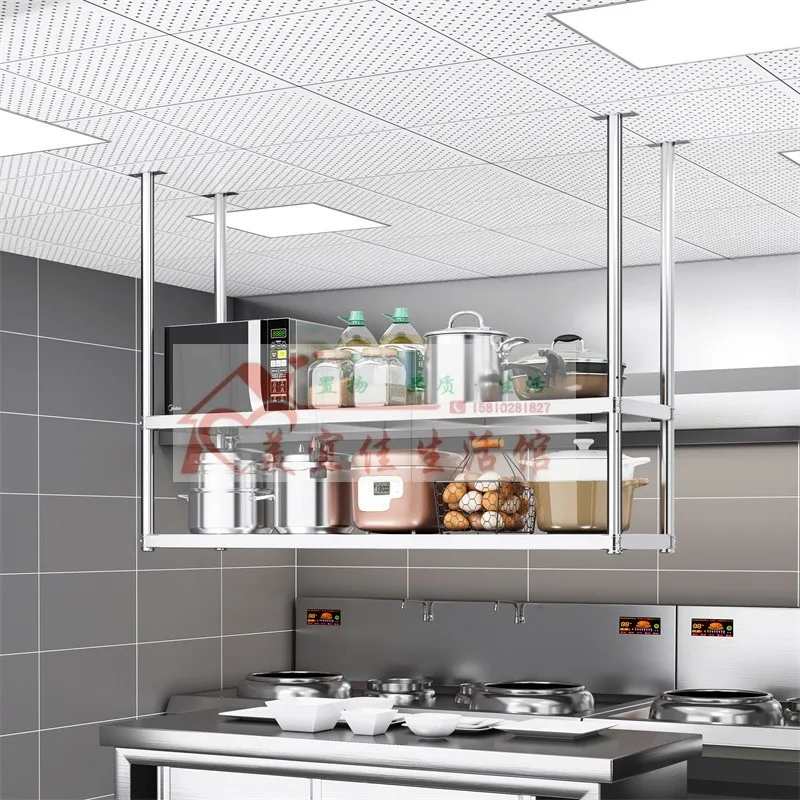 Kitchen fixed top installation stainless steel two-layer frame hanging hanger wall rack commercial hotel multi-layer bowl