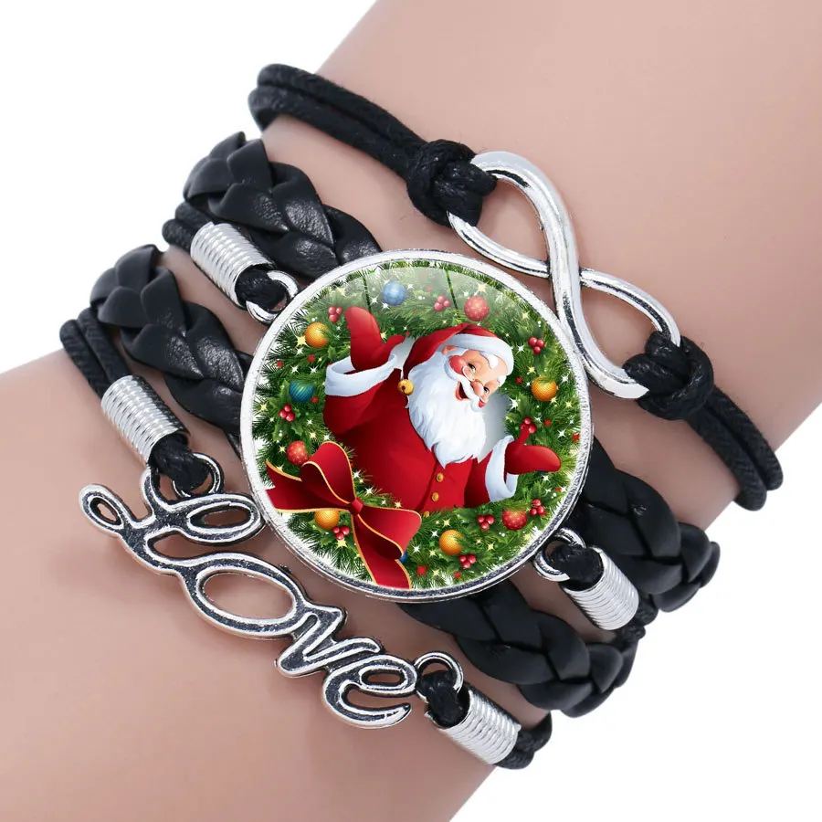 Christmas Santa time stone Braided Wrap Leather Bracelet Rope Woven DIY Wristband Birthday Gift Jewelry for Women