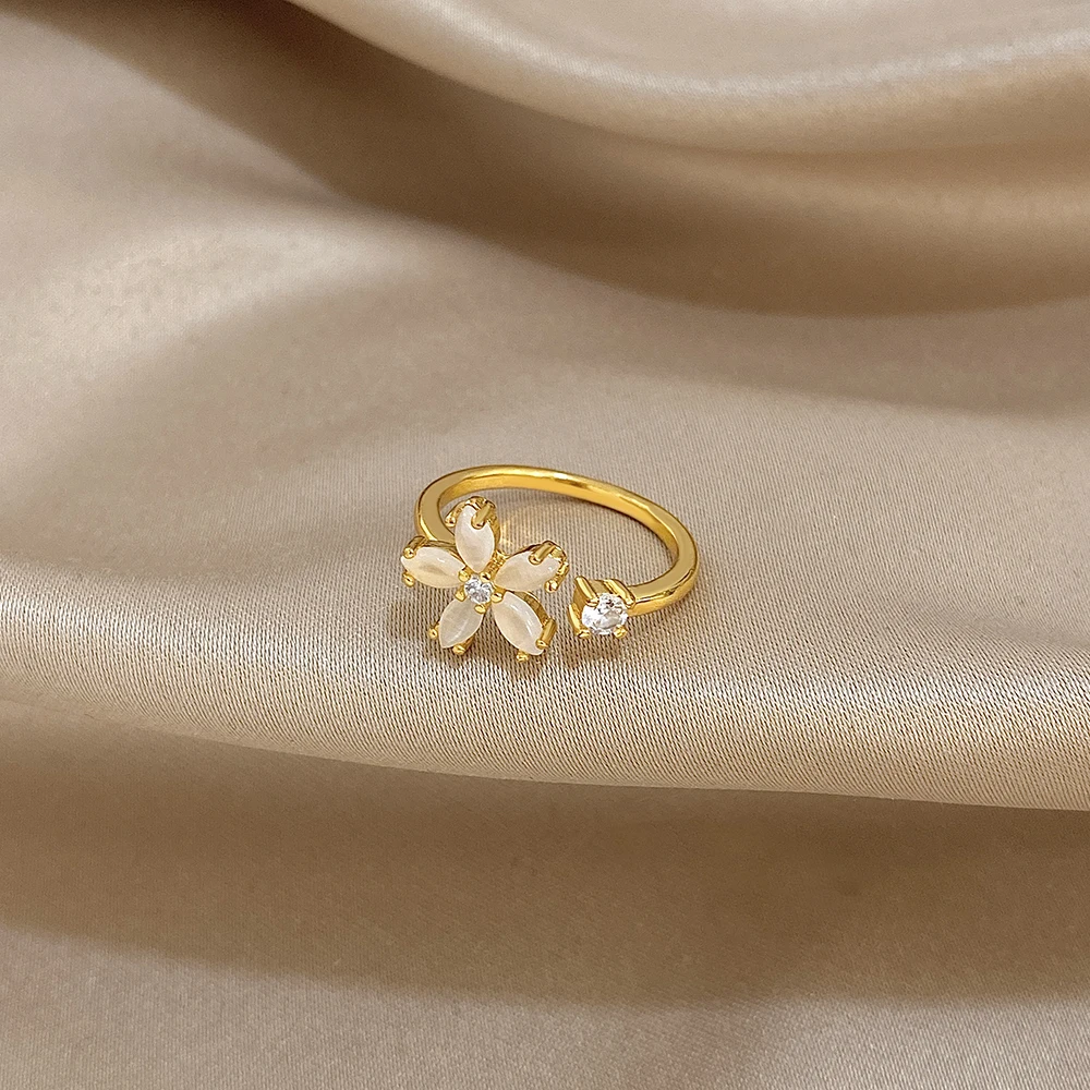 DODOHAO أنيقة الذهب اللون الفولاذ المقاوم للصدأ المفصل الدائري المرأة رائعة الزركون زهرة قابل للتعديل حلقة مفتوحة هدايا مجوهرات الأزياء