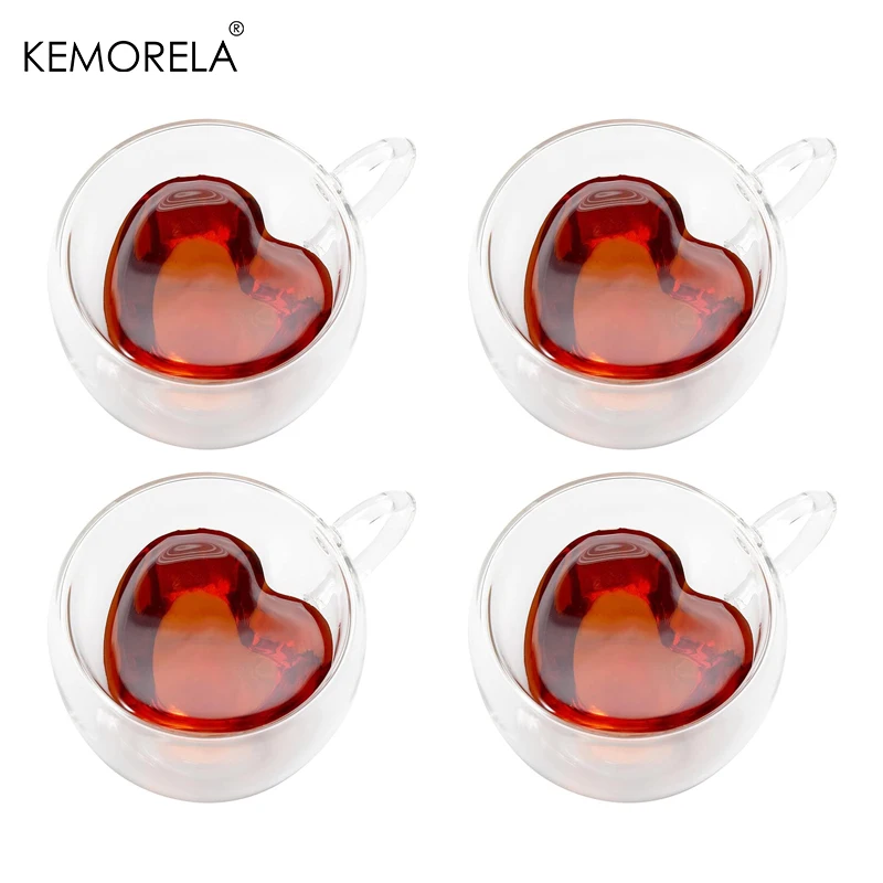 4/2PCS 240/180ML Herz Liebe Geformt Glas Becher Liebhaber Tassen Doppel Wand Glas Tasse wein Gläser Tee Tassen Milch Espresso Kaffee C