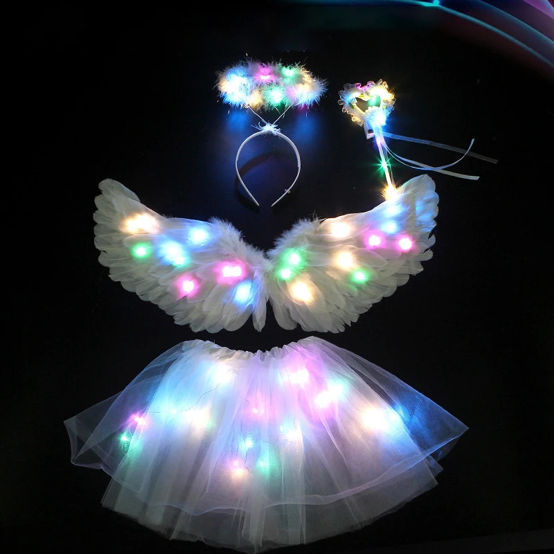 LED Luminous Angel Feather Wings Tutu Glow in The Dark Wedding Birthday Party Cosplay Princess Fairy Aldult Kid Luminous Wing